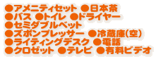 ●アメニティセット ●日本茶
●バス ●トイレ ●ドライヤー
●セミダブルベット
●ズボンプレッサー ●冷蔵庫(空)
●ライティングデスク ●電話
●クロゼット ●テレビ ●有料ビデオ